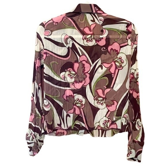 KLD Signature Floral Print Button Up Pleated Blouse Long Sleeve Brown Sz S/M - Picture 2 of 7